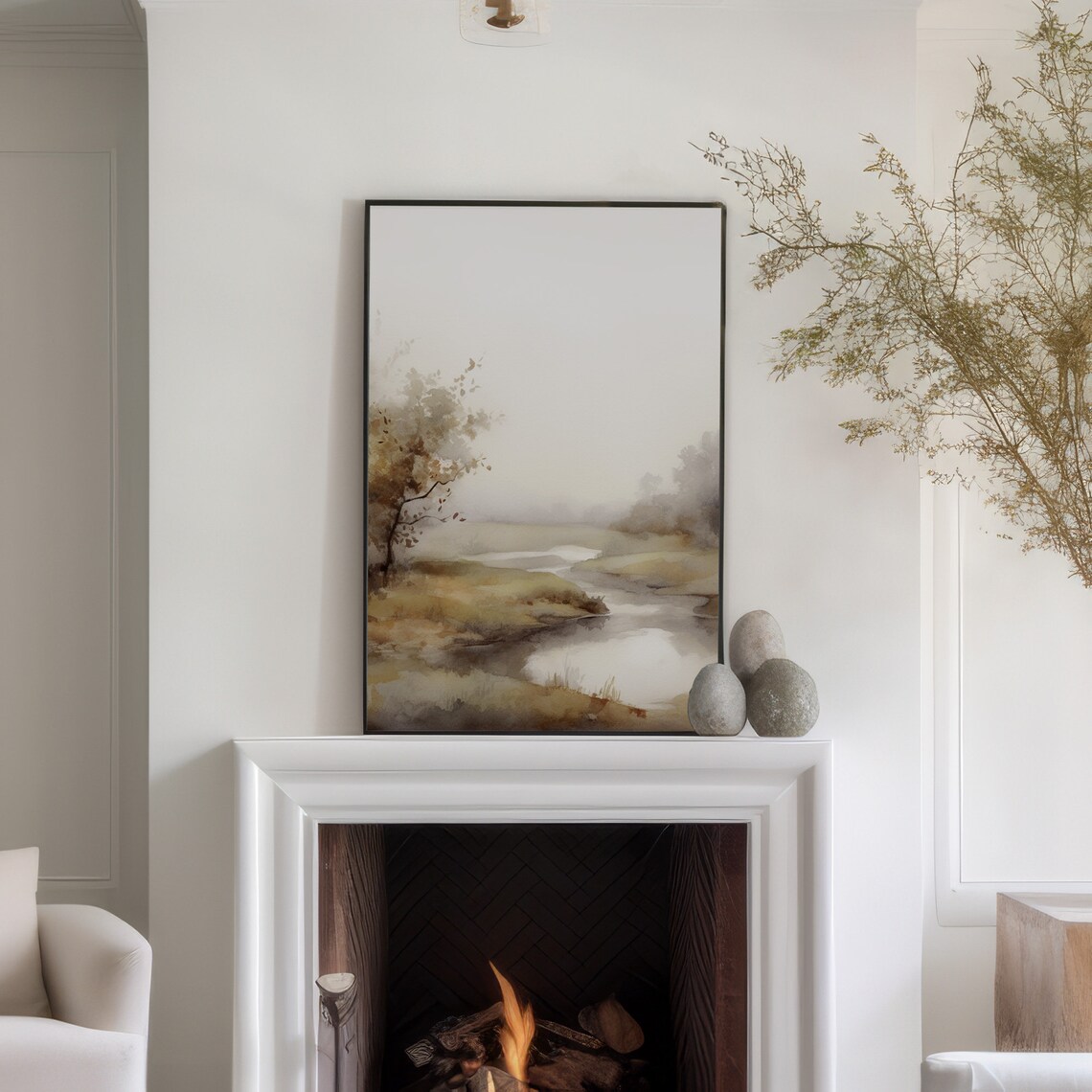 Neutral Fall Landscape Watercolor, Autumn River Art Print - Image 3