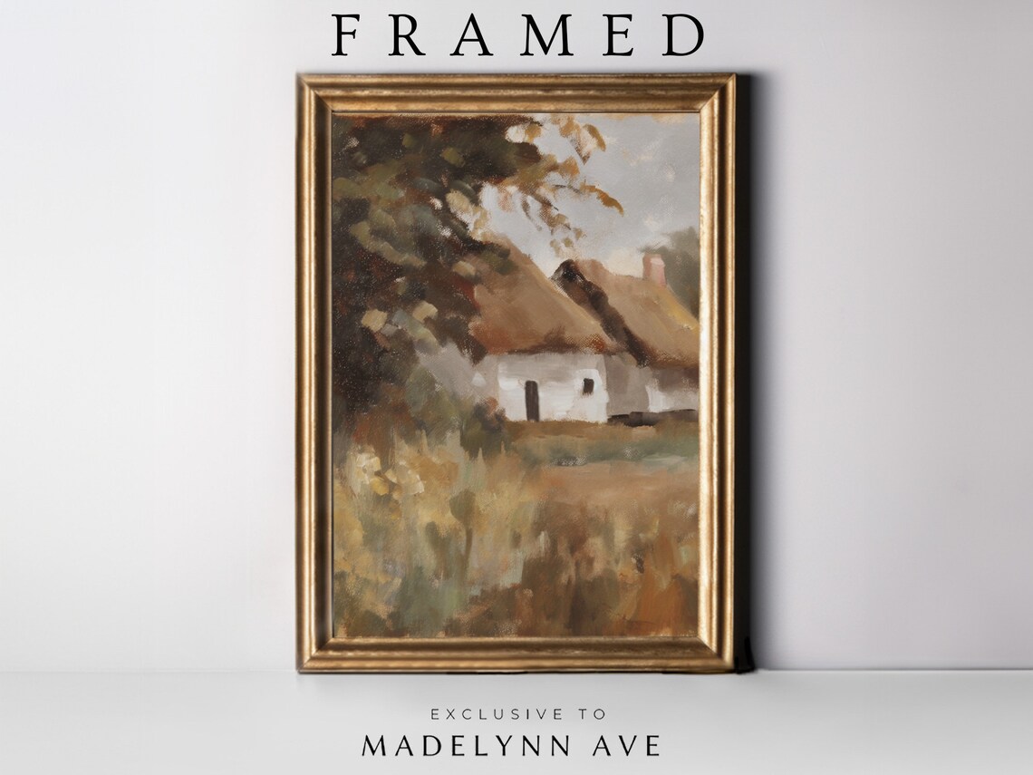 Framed Thatched Roof Cottage Vintage Countryside Scene Poster