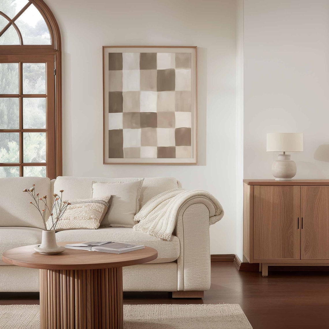 Modern Checkered Pattern Art Print Neutral Brown Beige Cream Vertical Artwork Printed On Or Paper Large Wall Art Decor - Image 3
