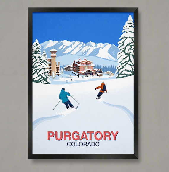 Purgatory Ski Resort Poster with Village Lodges and Skiers Colorado