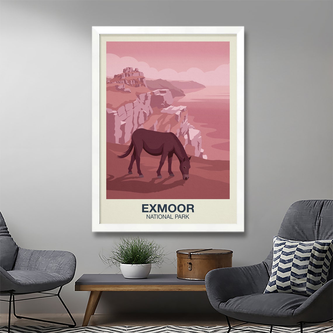 Exmoor National Park Travel Poster Pink Coastal Cliffs Pony Art - Image 2