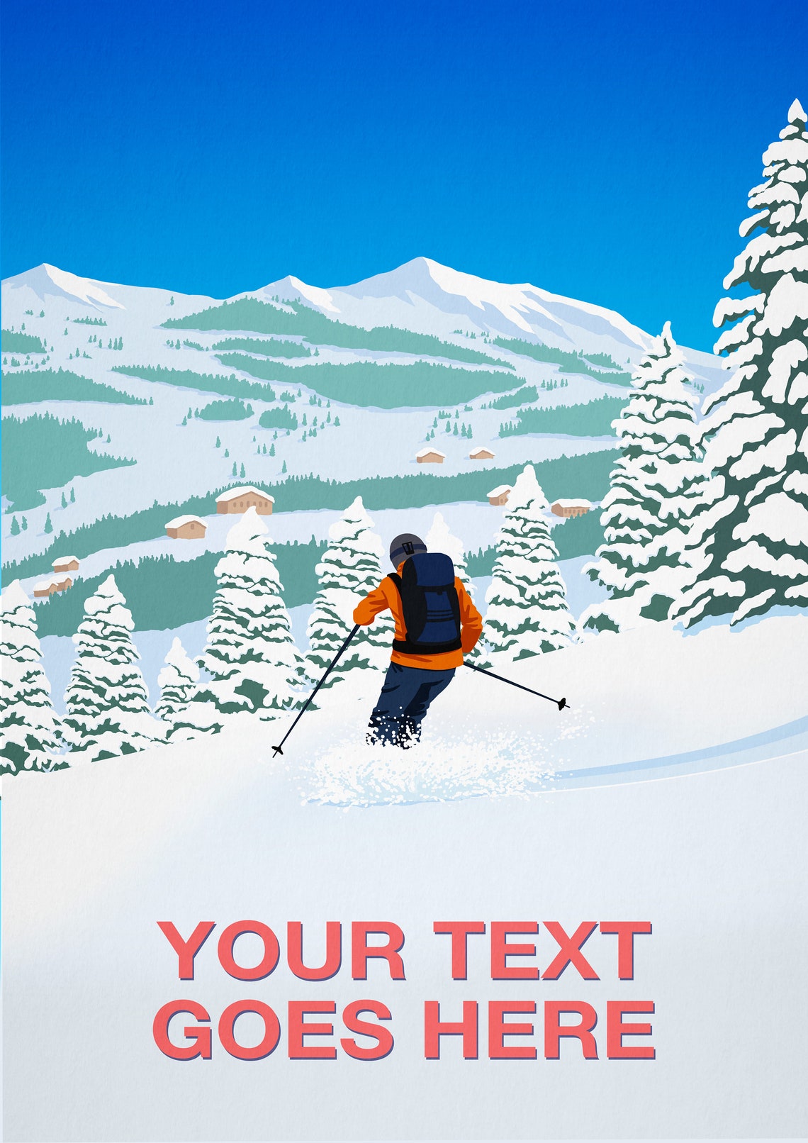 Personalised Ski Poster with Custom Text Skier Above Alpine Village - Image 2