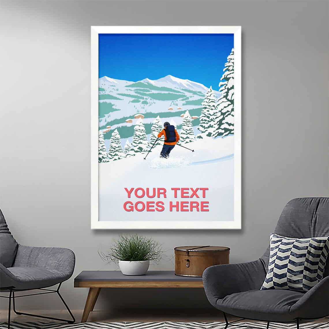 Personalised Ski Poster with Custom Text Skier Above Alpine Village - Image 3