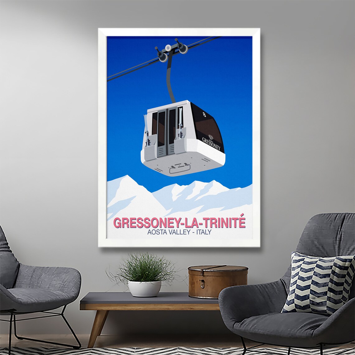 Gressoney La Trinite Aosta Valley Italy White Cable Car Ski Poster - Image 2