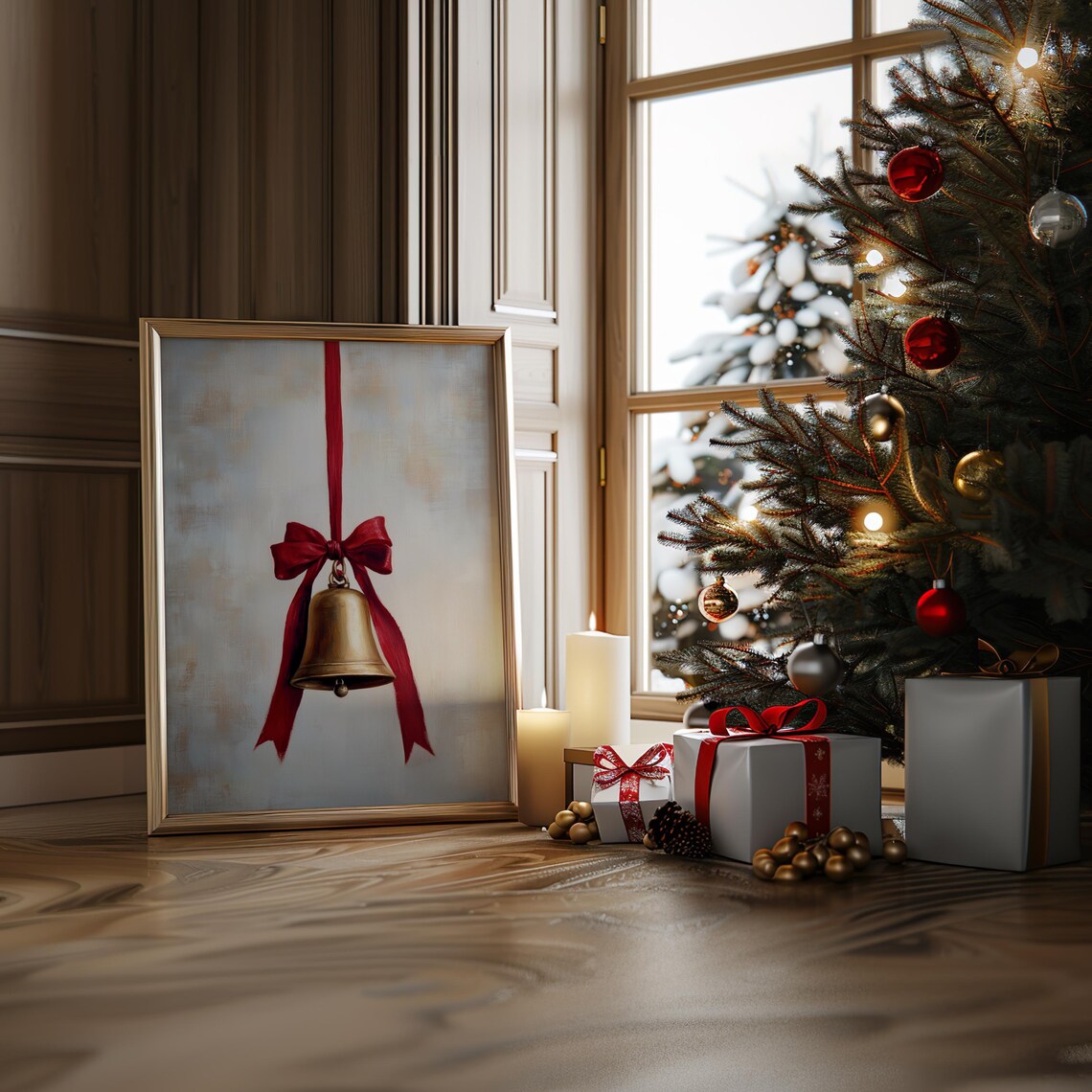 Vintage Christmas Bell With Red Ribbon Moody Holiday Art Poster - Image 5