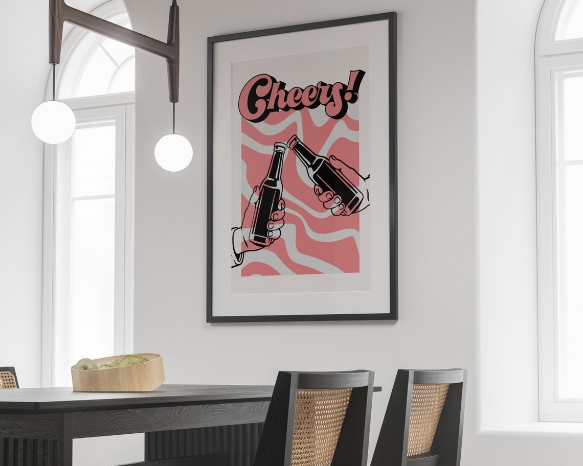Cheers Beer Bottles Clinking Pink Retro Kitchen Bar Art Poster - Image 2