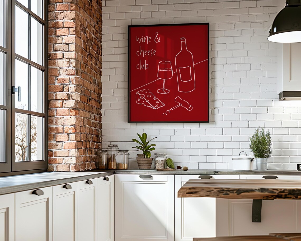 Wine and Cheese Club Red Line Art Minimalist Modern Kitchen Poster - Image 4
