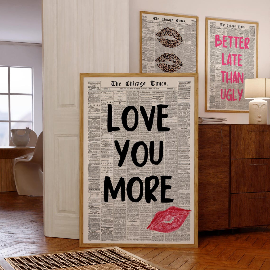 Love You More Vintage Chicago Times Newspaper Red Lips Poster - Image 8