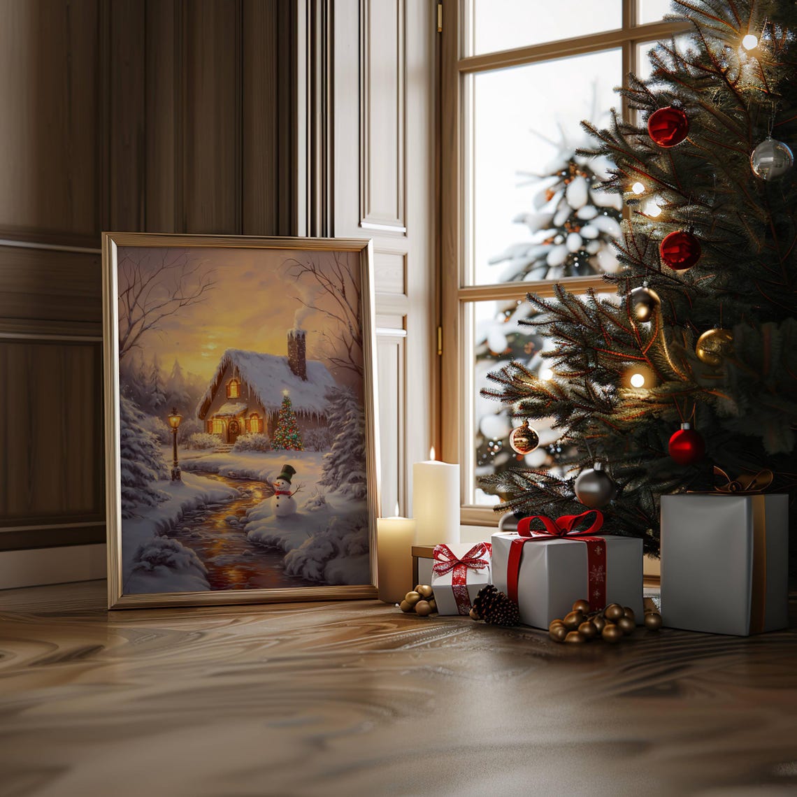 Snowy Christmas Cabin Winter Sunset Snowman Cozy Holiday Art Poster - Image 3