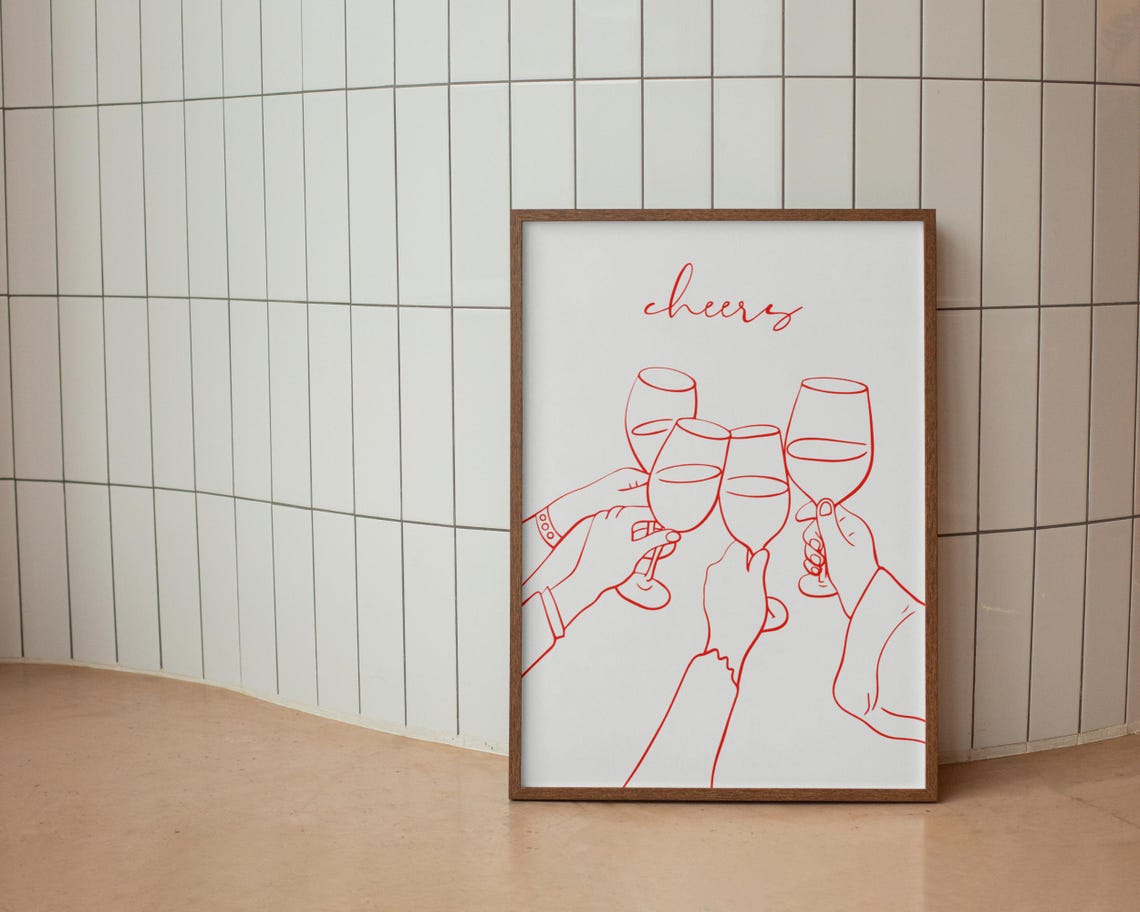 Cheers Wine Glasses Red Line Art Minimalist Kitchen Bar Poster - Image 3