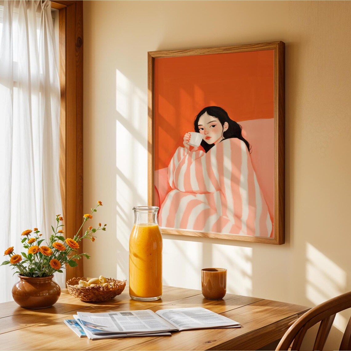 Girl With Coffee, Trendy Orange Abstract People - Image 2