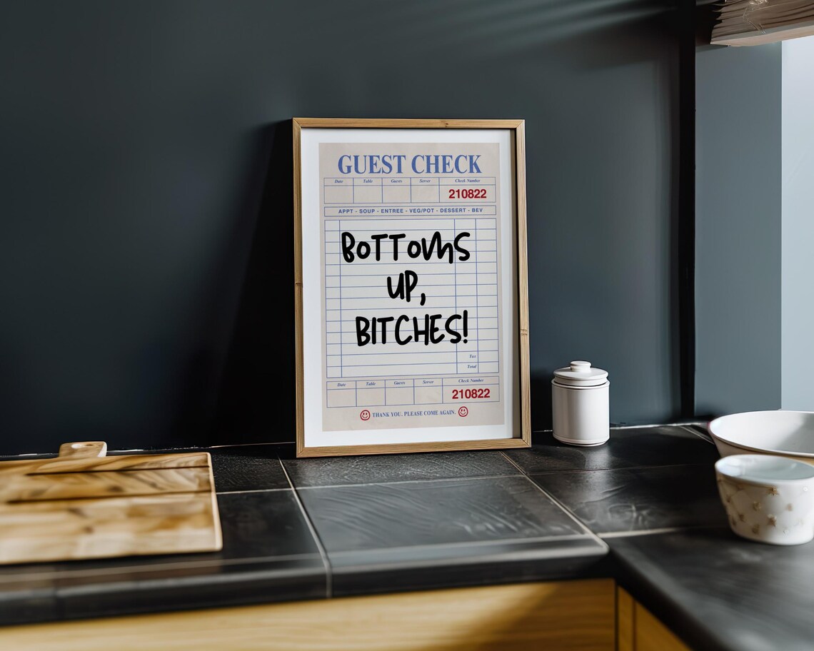 Bottoms Up Funny Quote Blue Guest Check Retro Bar Cart Poster - Image 3