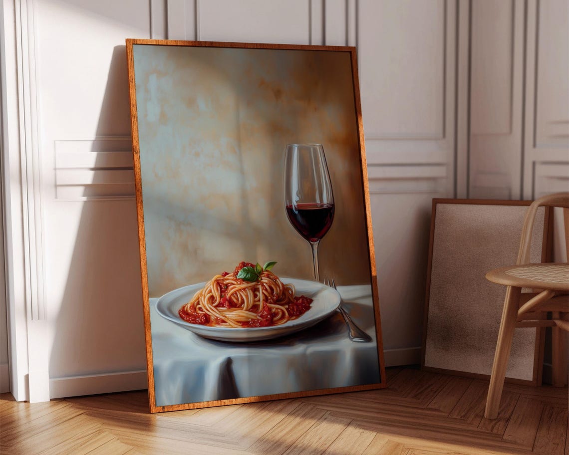 Spaghetti Marinara Red Wine Still Life Oil Painting Kitchen Poster - Image 8