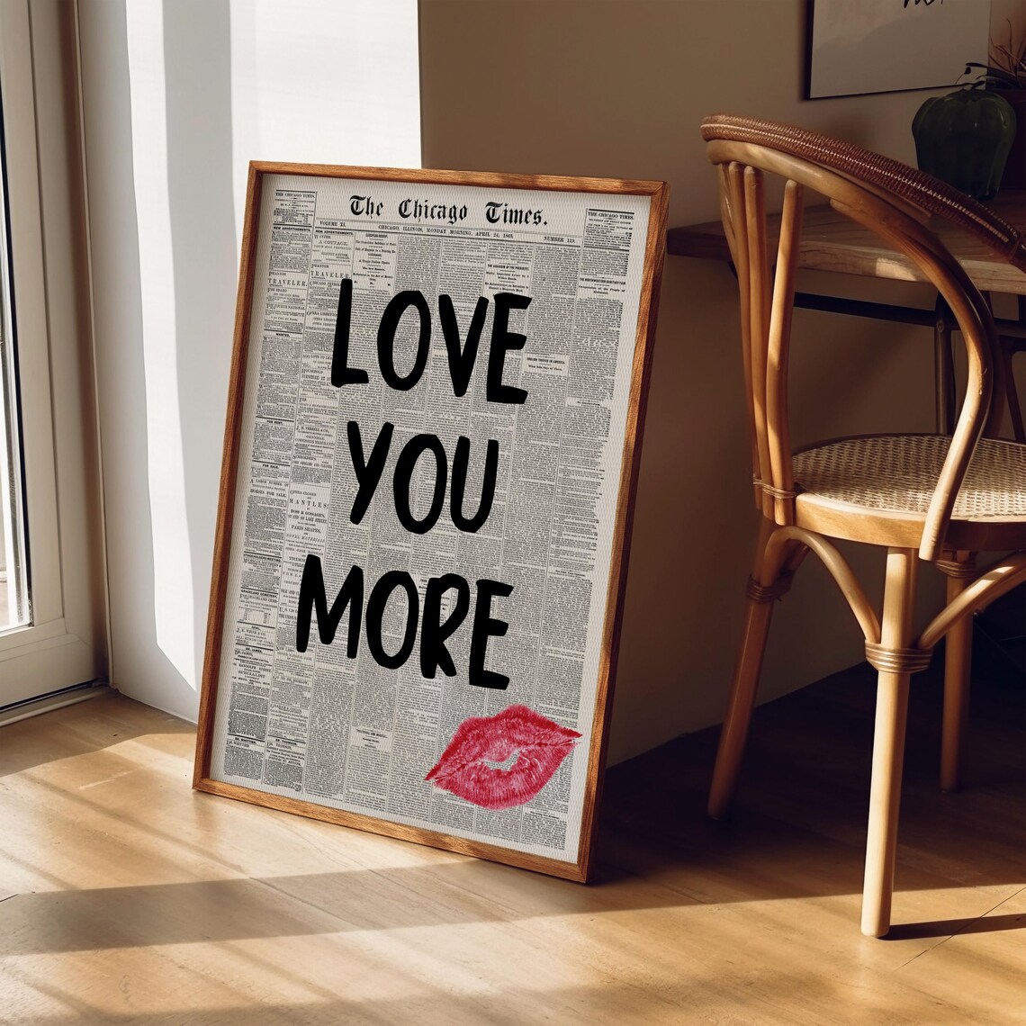 Love You More Vintage Chicago Times Newspaper Red Lips Poster - Image 3