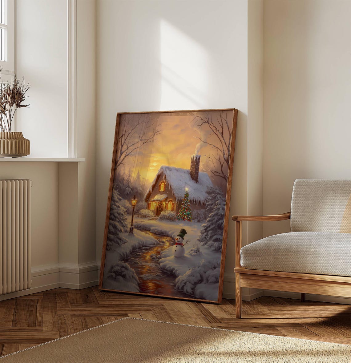 Snowy Christmas Cabin Winter Sunset Snowman Cozy Holiday Art Poster - Image 4
