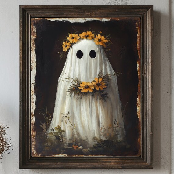 Ghost With Yellow Flower Wreath, Halloween Poster