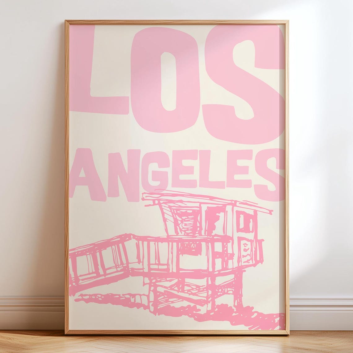 Los Angeles Pink Lifeguard Tower Beach Retro Typography Poster