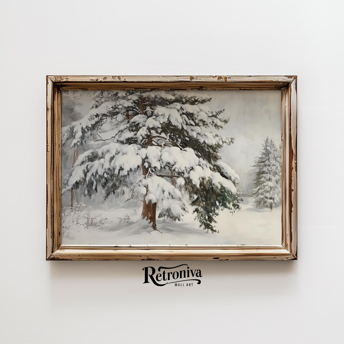 Snow Covered Pine Tree Vintage Winter Woodland Oil Painting Poster - Image 6
