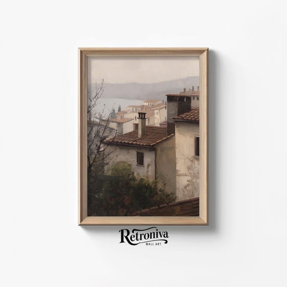 European Architecture Moody Cityscape Wall Art Rustic Coastal Village Oil Painting Vintage Wall Decor Retroniva Art Arc 007
