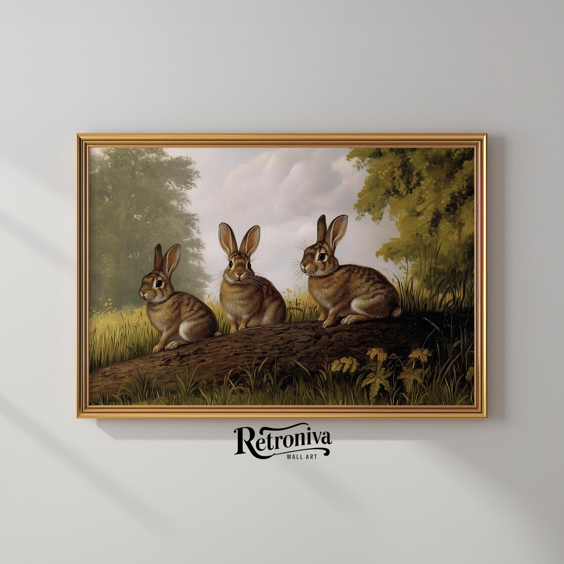 Three Brown Rabbits on Log Vintage Woodland Bunny Painting Poster - Image 2