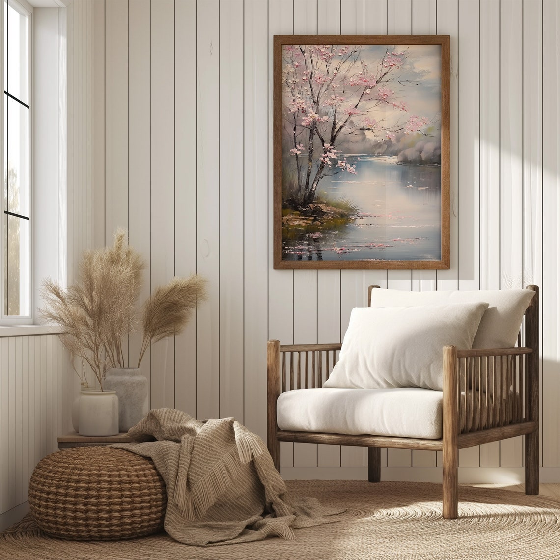 Cherry Blossom Tree by Calm Spring Lake Moody Blossom Painting Poster - Image 3