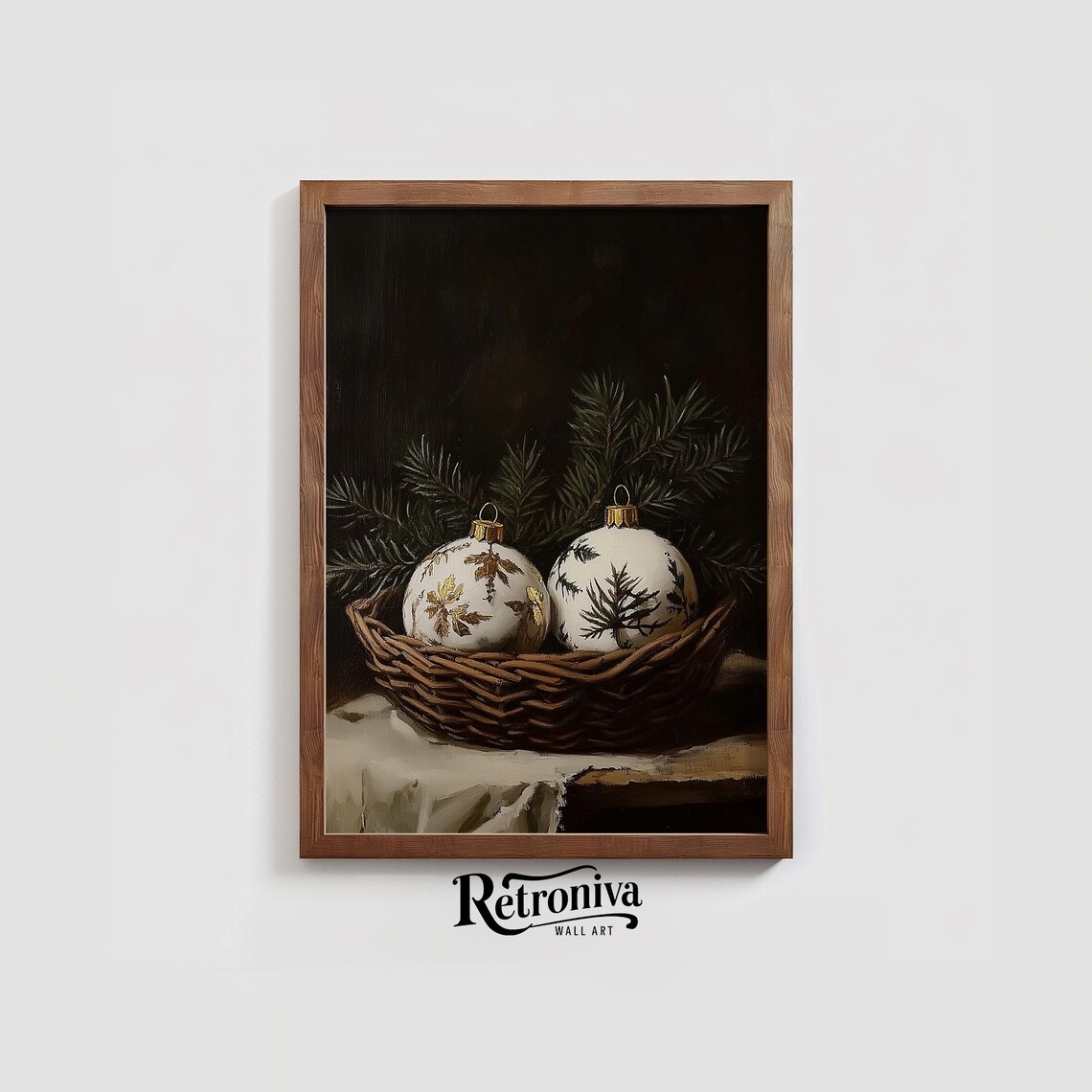 White Christmas Baubles Basket Dark Moody Vintage Still Life Poster - Image 3