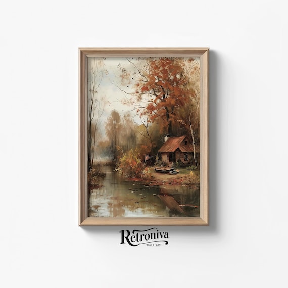 Autumn Riverside Cabin Vintage Fall Landscape Oil Painting Poster