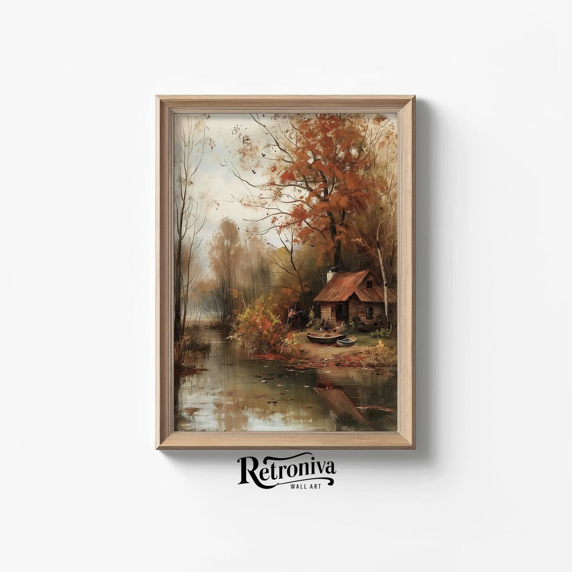 Autumn Riverside Cabin Vintage Fall Landscape Oil Painting Poster