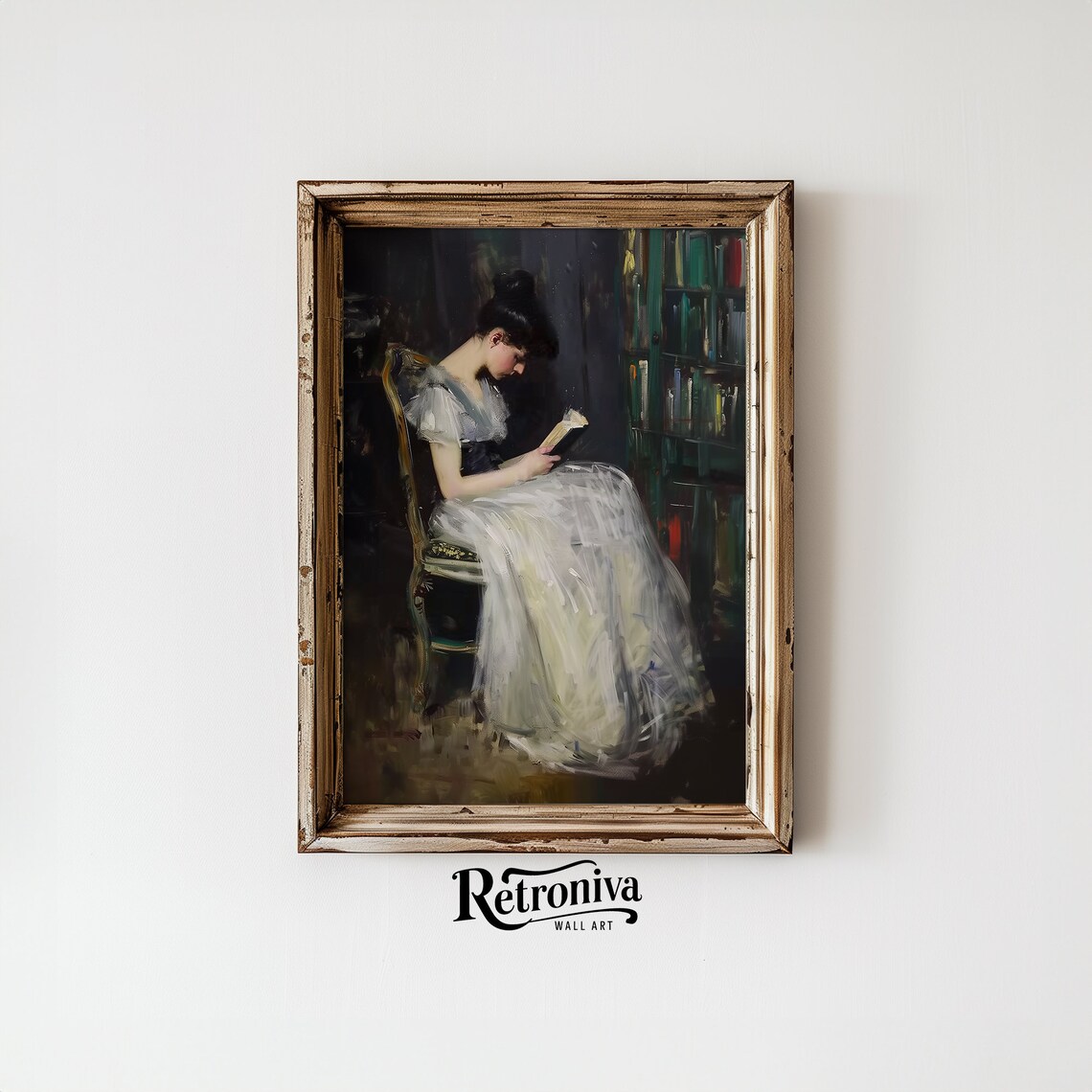 Woman Reading Book White Gown Dark Library Vintage Portrait Painting Poster - Image 5
