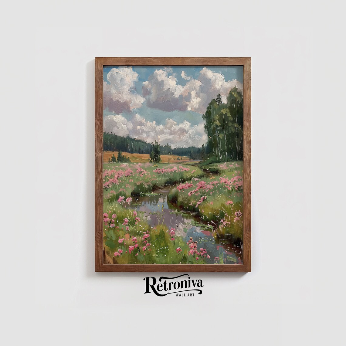 Pink Wildflower Field Landscape Art Print - Image 4