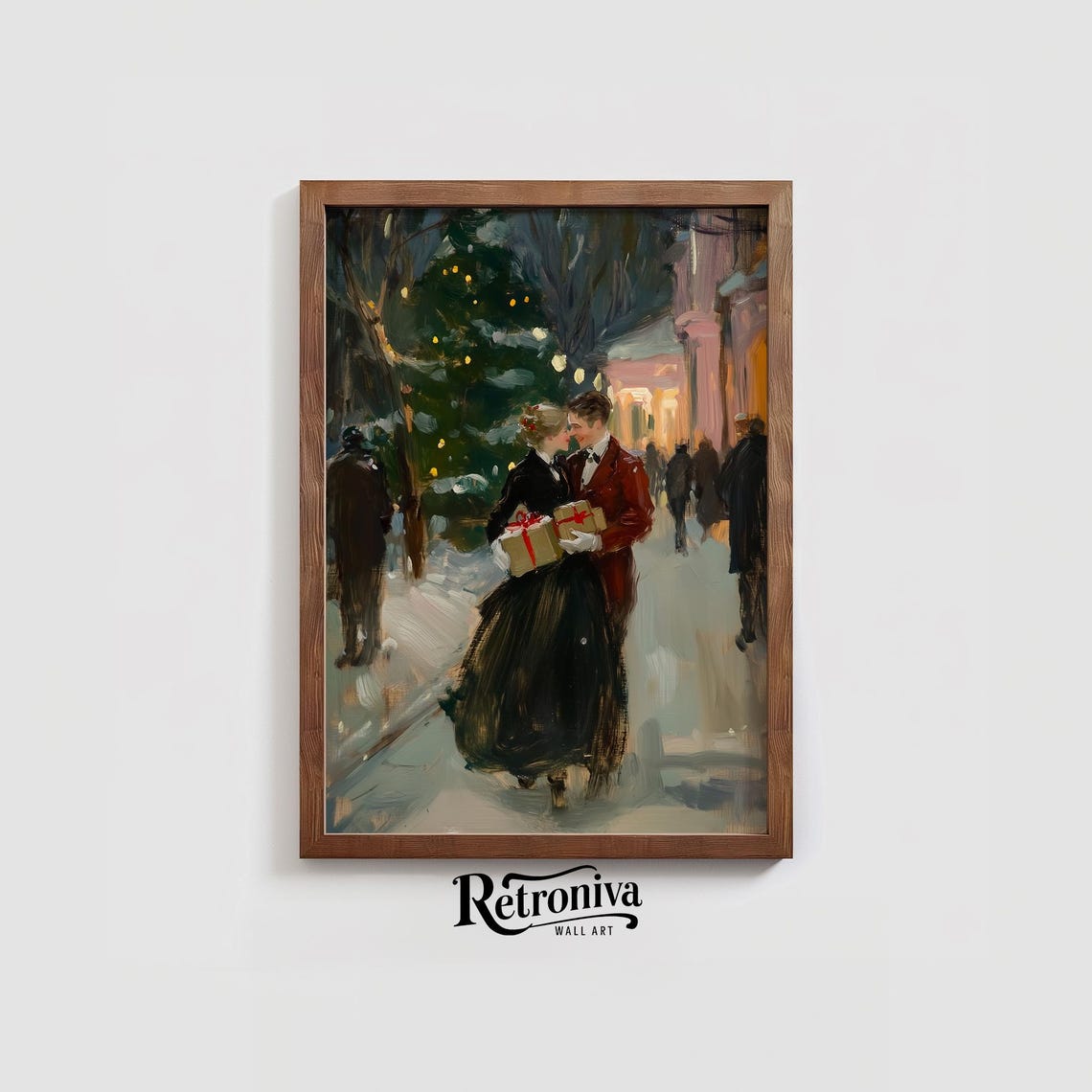 Couple Walking On The Street With Christmas Gifts Vintage Oil Painting Romantic Couple Love Art Print Retroniva Art Cpl 012 - Image 3