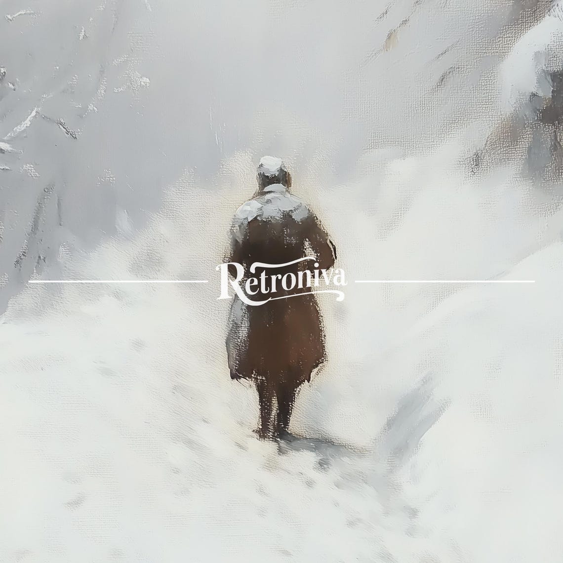 Lone Man Walking on Snowy Path White Winter Vintage Painting Poster - Image 7