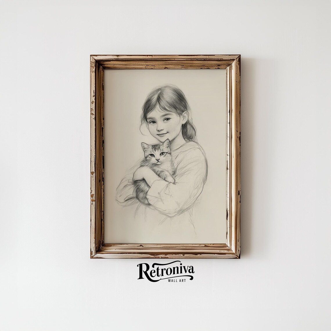 Sweet Girl Holding Kitten Pencil Sketch Minimalist Nursery Poster - Image 4