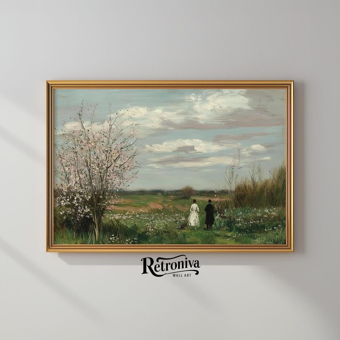 Couple In Country Field Vintage Landscape Oil Painting Wildflowers Meadow Print Cottagecore Wall Decor Retroniva Art Lnd 003 - Image 2