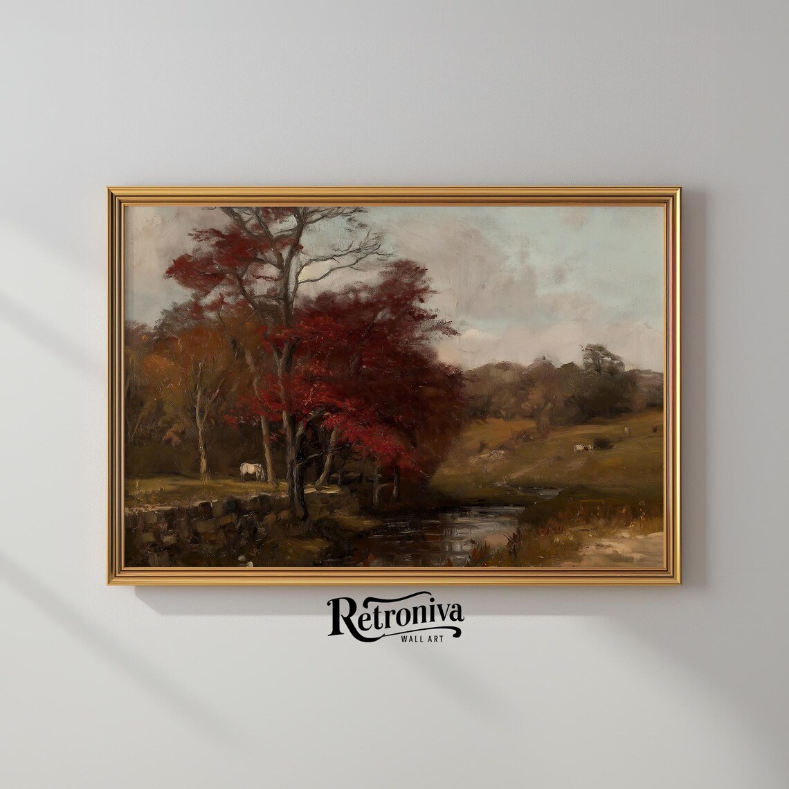 Moody Autumn Countryside With Red Trees And Grazing Cows Poster - Image 2