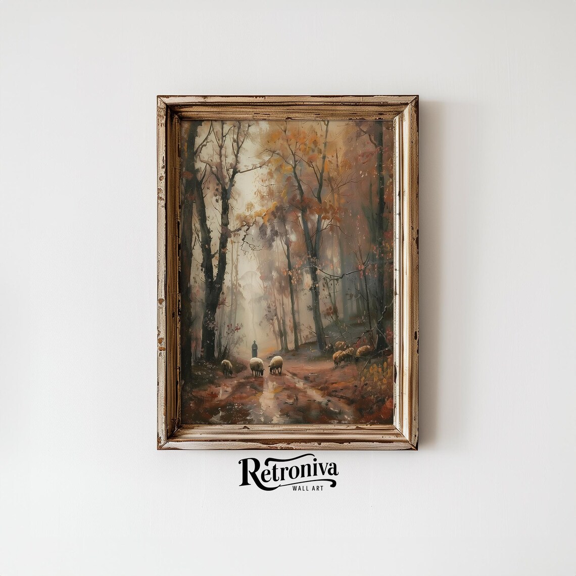 Sheep and Shepherd Vintage Autumn Forest Art Print - Image 6