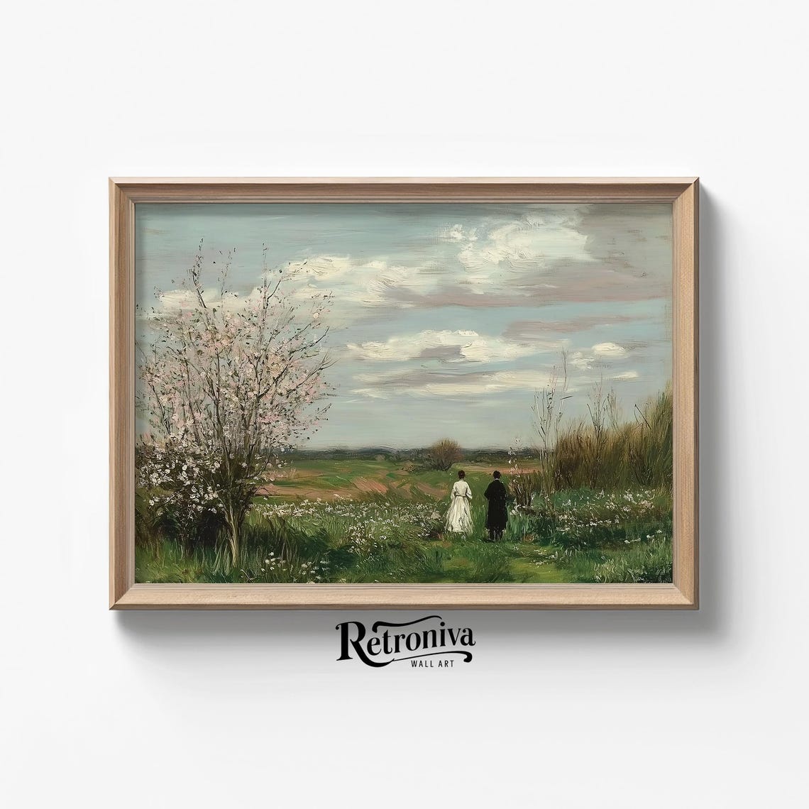 Couple In Country Field Vintage Landscape Oil Painting Wildflowers Meadow Print Cottagecore Wall Decor Retroniva Art Lnd 003