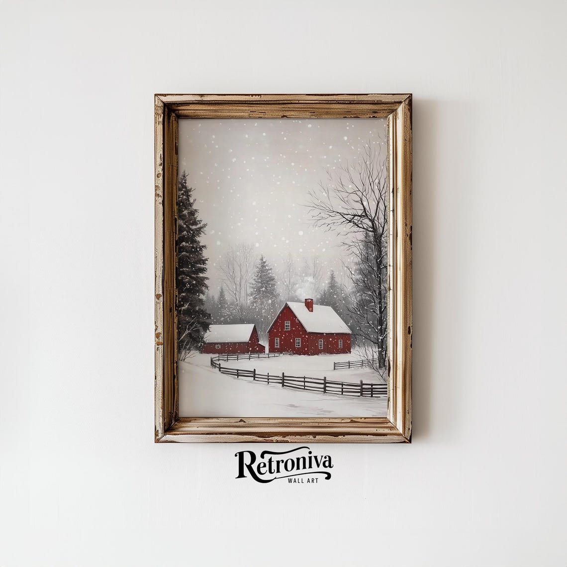 Vintage Red Barn Farmhouse Winter Landscape Painting Snowy Christmas Decor Country Cottage Art Print Retroniva Art Wnt 012 - Image 6