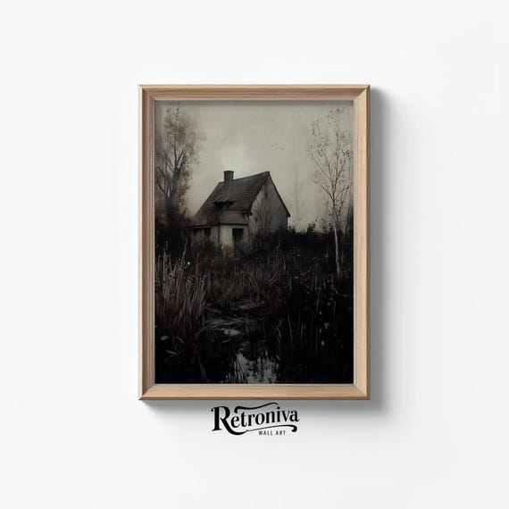 Abandoned Old Village House Scene Night Wall Art Moody Countryside Landscape Dark Cottagecore Painting Retroniva Art Ngt 007