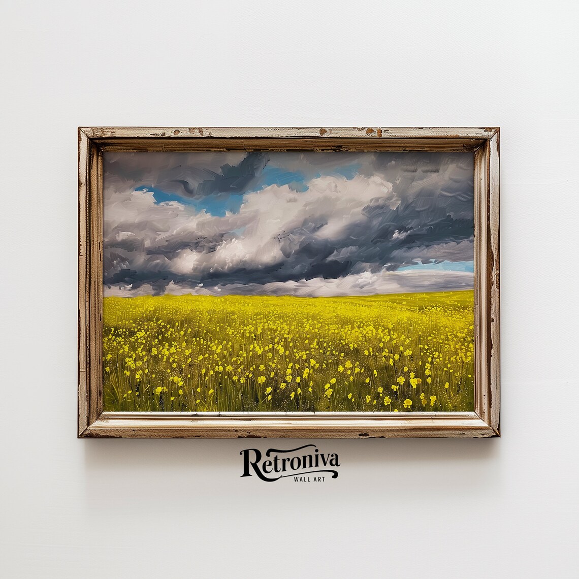 Yellow Wildflower Field Under Storm Clouds Dramatic Meadow Painting Poster - Image 6
