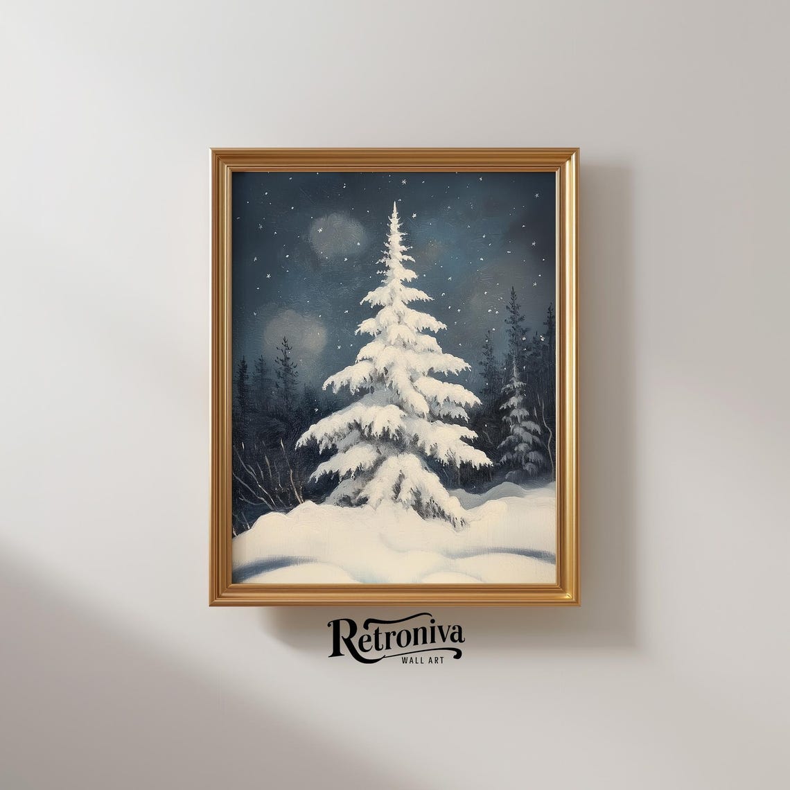 Snow Covered Pine Tree Starry Night Winter Moonlight Forest Poster - Image 2