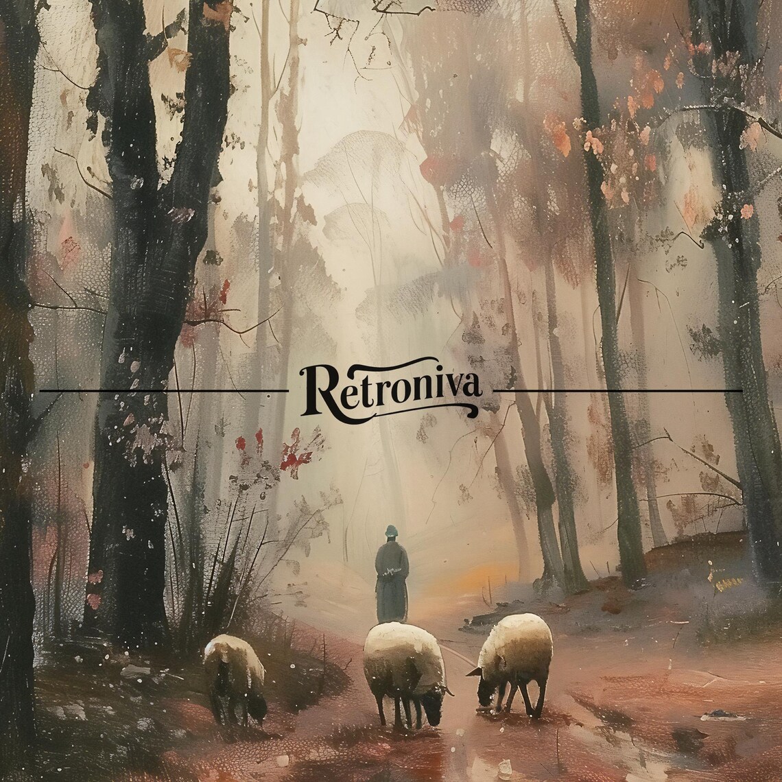Sheep and Shepherd Vintage Autumn Forest Art Print - Image 7