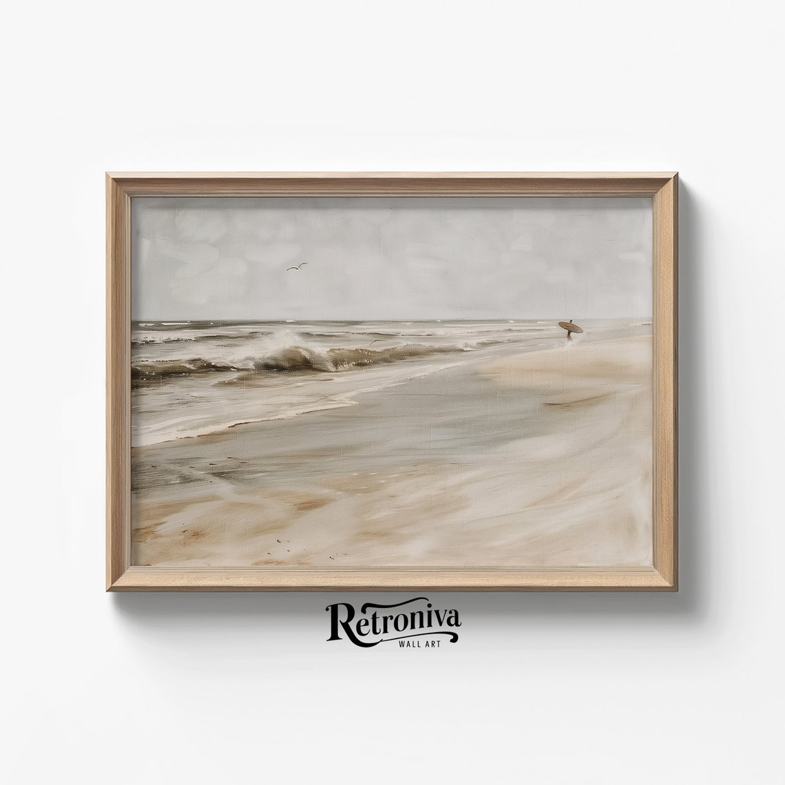 Lone Surfer On Muted Beach Gray Vintage Coastal Seascape Print