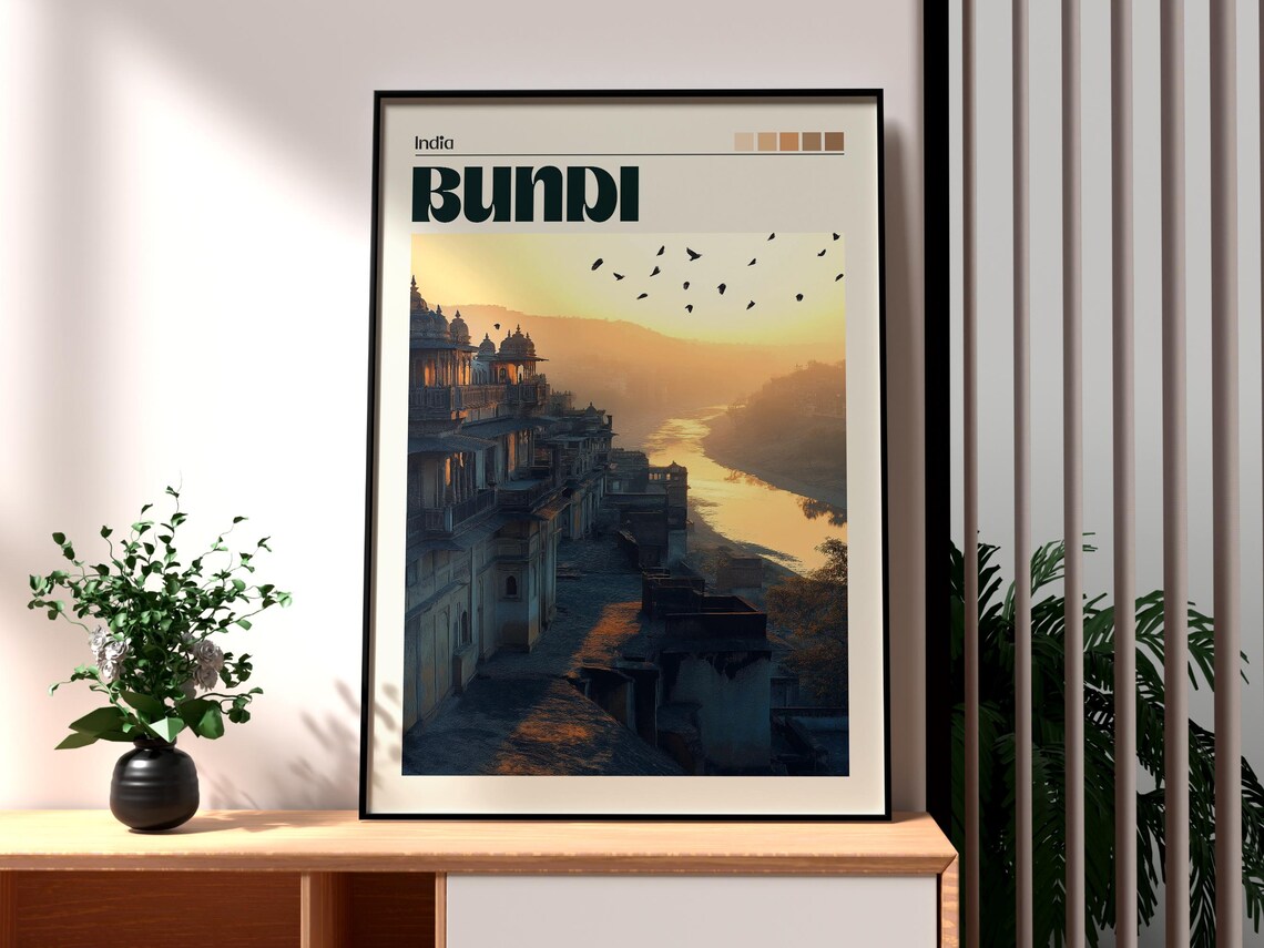 Bundi India Riverside Palaces Dawn River Birds Vintage Travel Poster