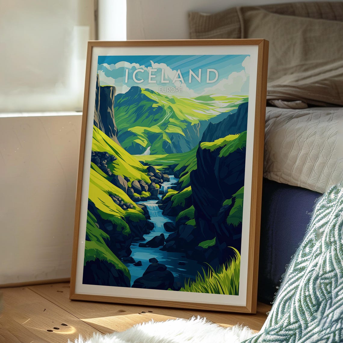 Iceland Europe Green Gorge Waterfall Stream Vintage Poster Style - Image 2