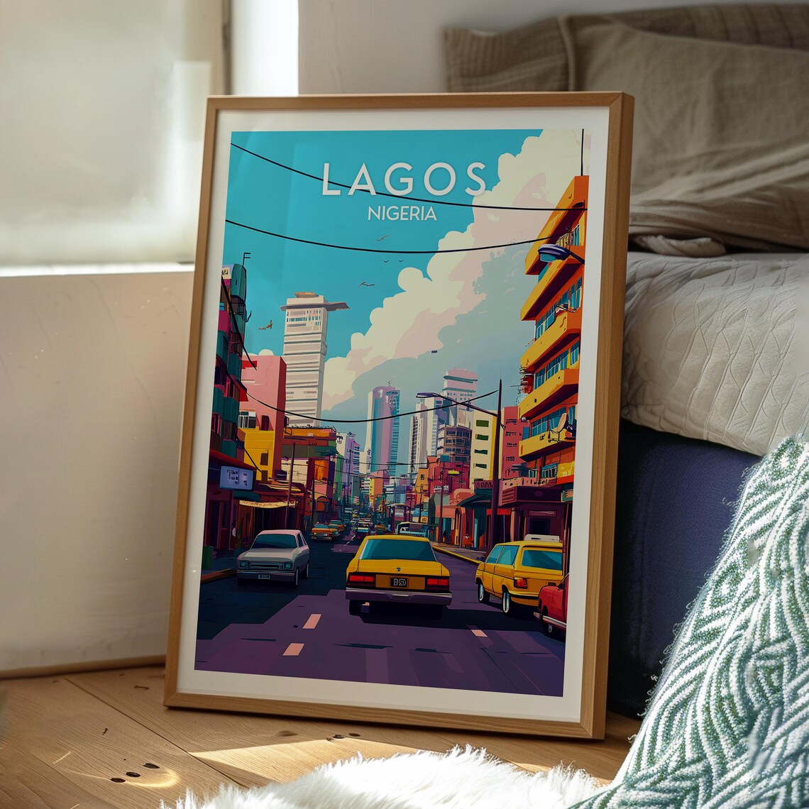 Lagos Nigeria City Street Yellow Taxis Skyline Urban Travel Poster - Image 3
