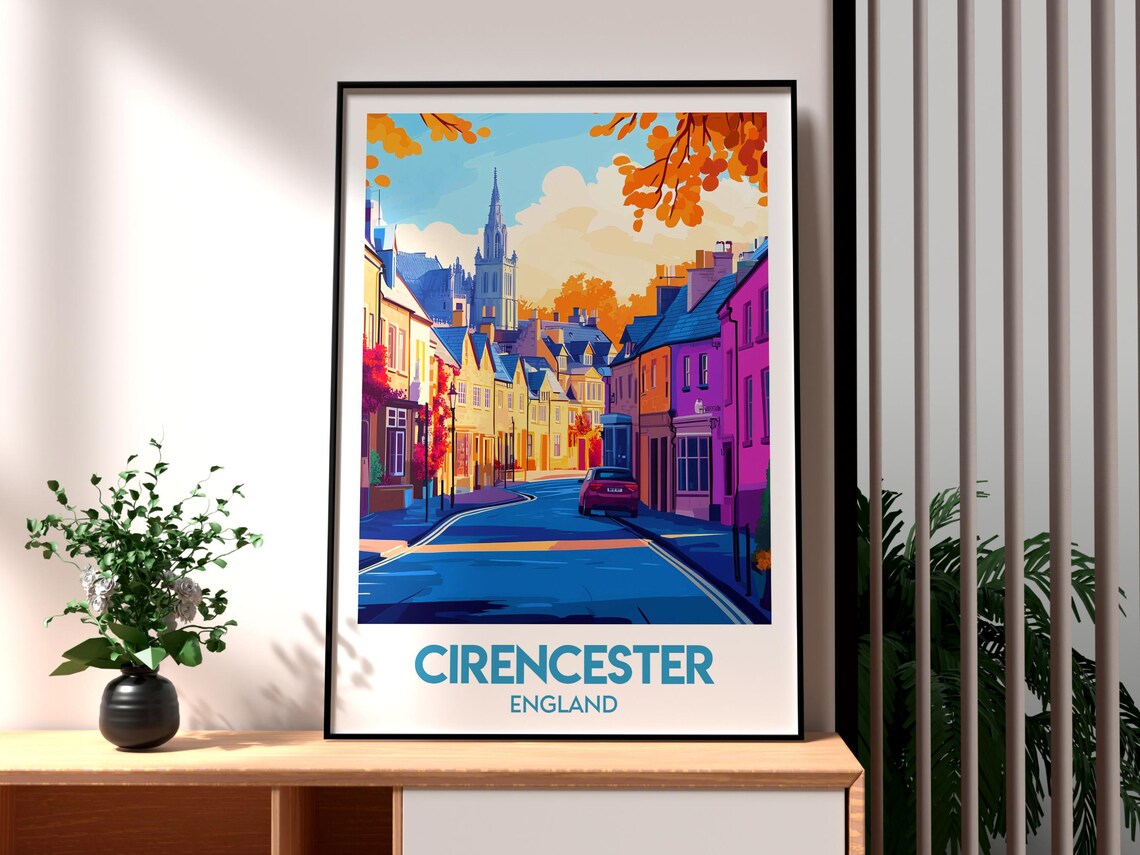 Cirencester England Cotswold Street Autumn Spire Travel Poster