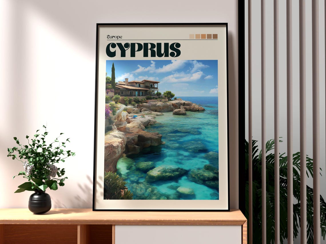 Cyprus Rocky Coast Turquoise Water Villa Seaside Travel Poster