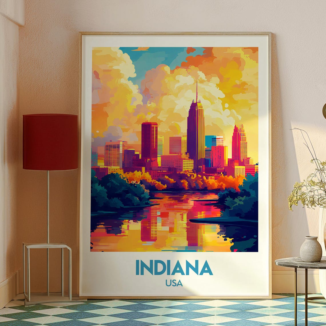 Indiana USA City Skyline Sunset River Reflection Vintage Travel Poster - Image 2