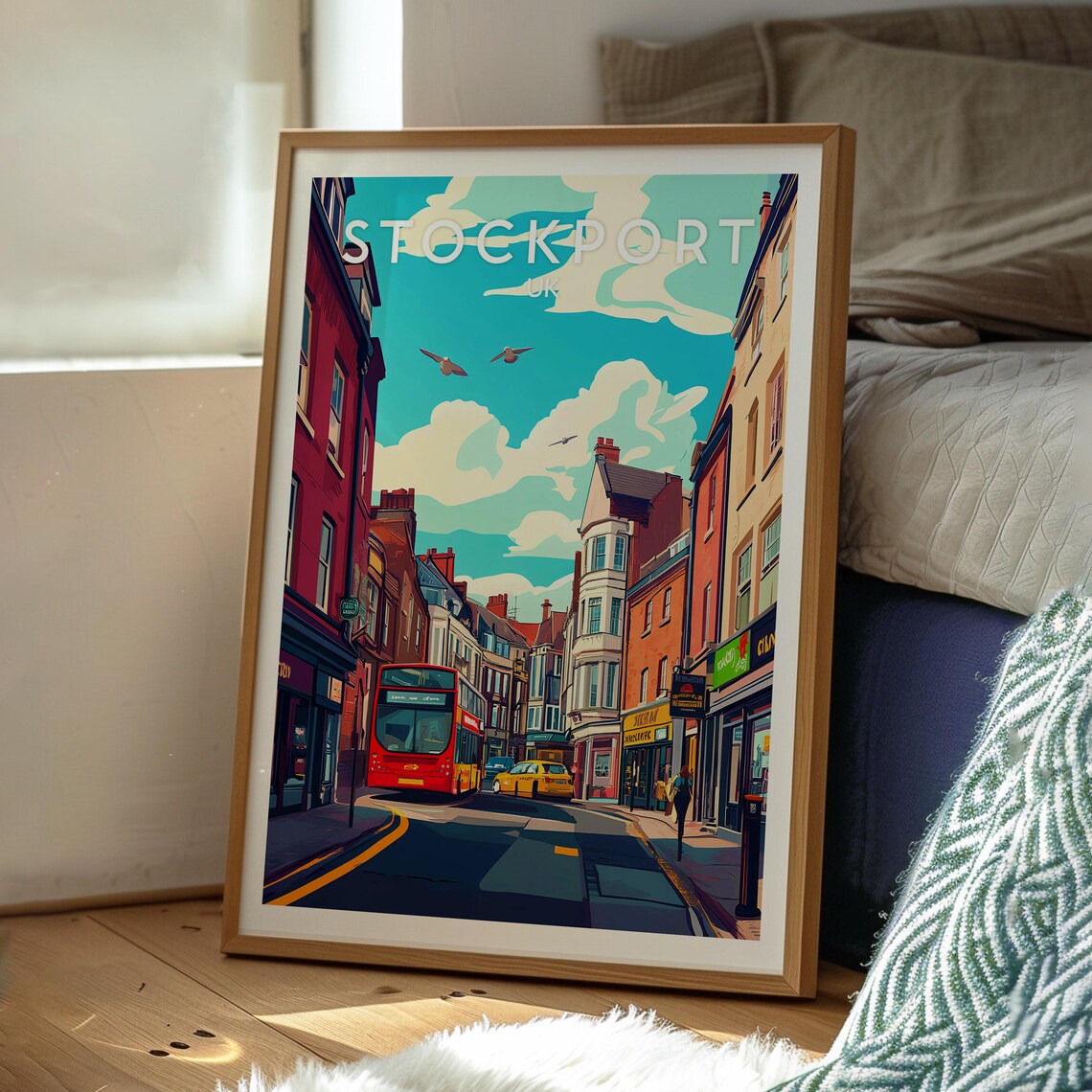 Stockport UK Red Bus Busy Town Street Vintage England Travel Poster - Image 3